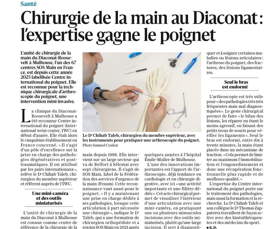 Article «Chirurgie de la main au Diaconat: l'expertise gagne le poignet», L'Alsace newspaper, July 2025